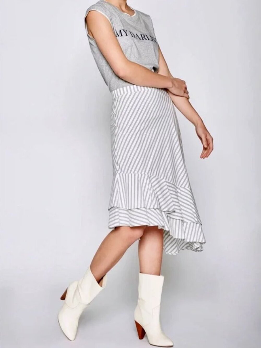 JOIE Yenene White Grey Striped Cotton Poplin Asymmetrical Midi Skirt, Size 12
